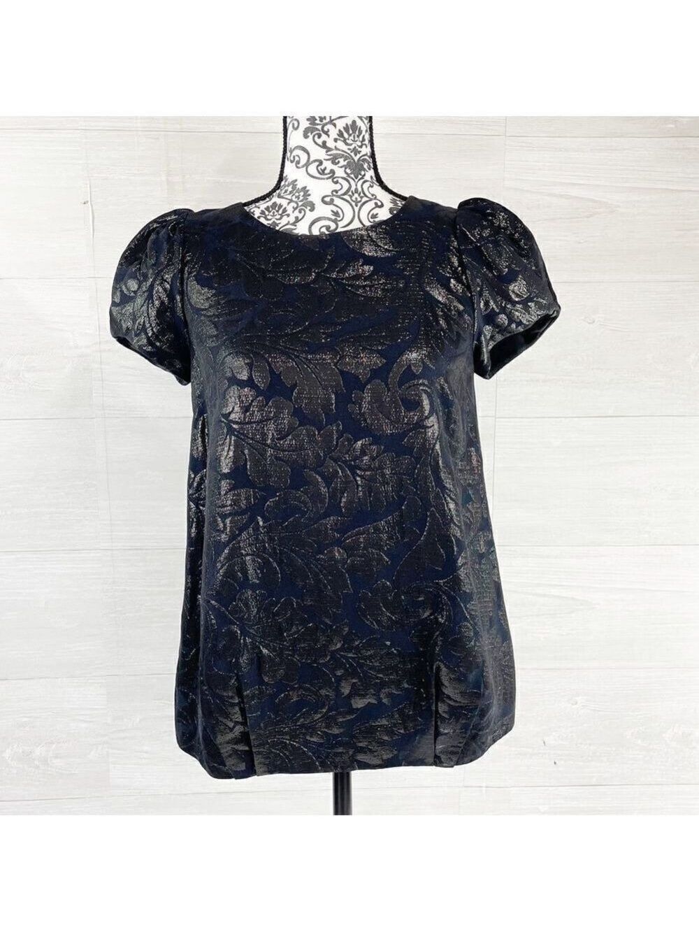 Tibi Brocade Metallic Floral Print Puff Capped Sleeve Top